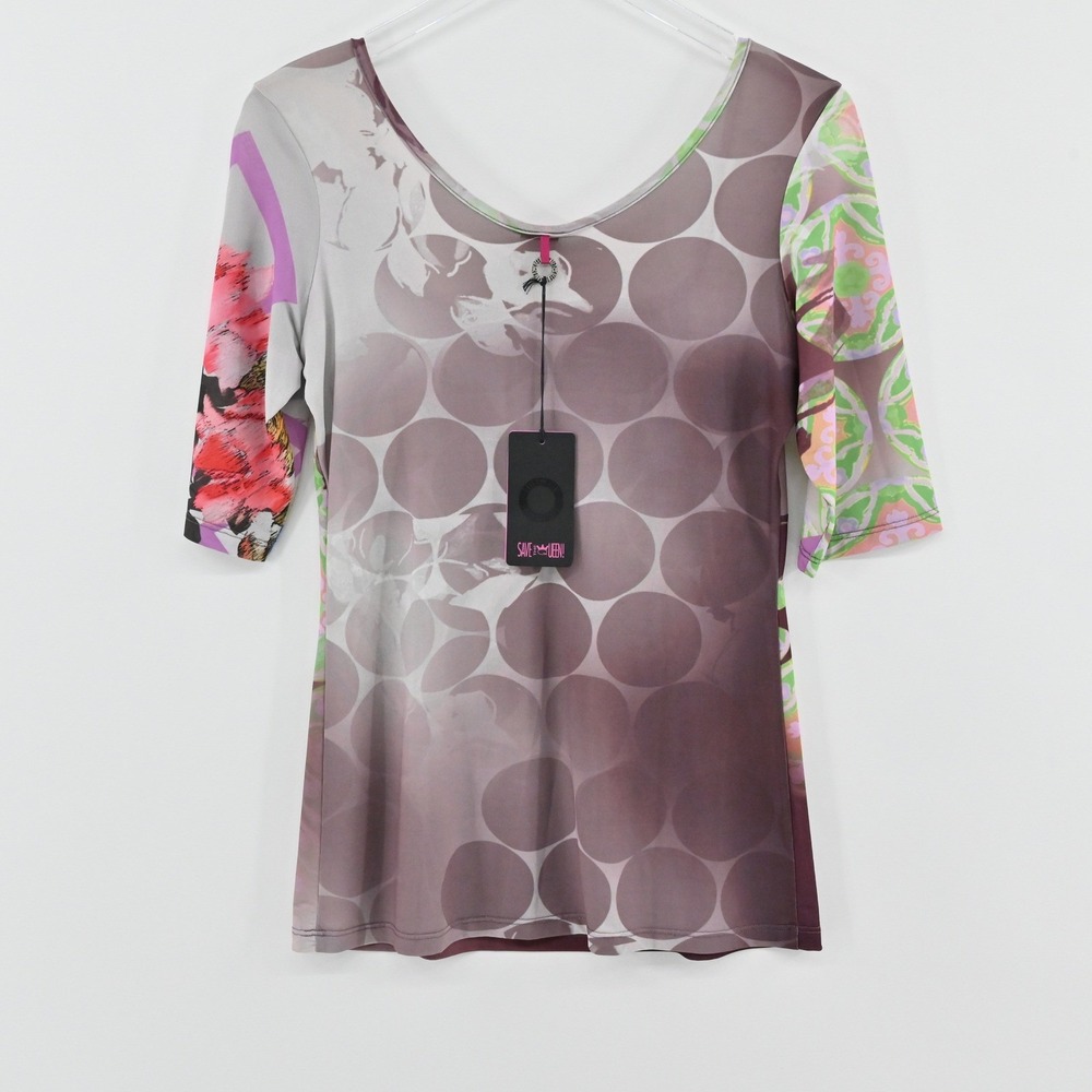 Save The Queen Floral Ruched Top Womens Size M Purple Green Italy Y2K Maximalist - Picture 2 of 15